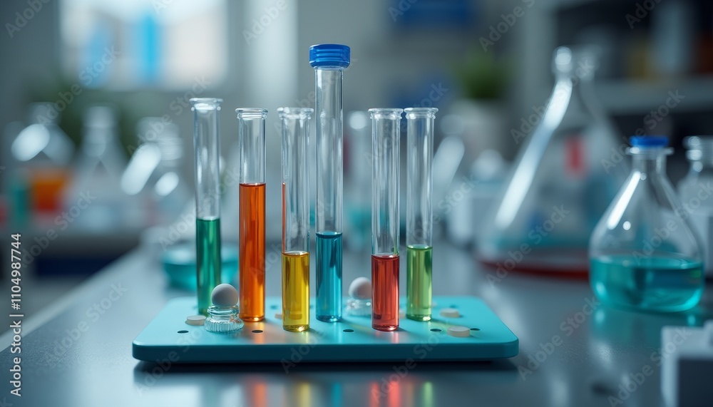 Colorful chemical test tubes on blue holder Colorful chemical test tubes on blue holder