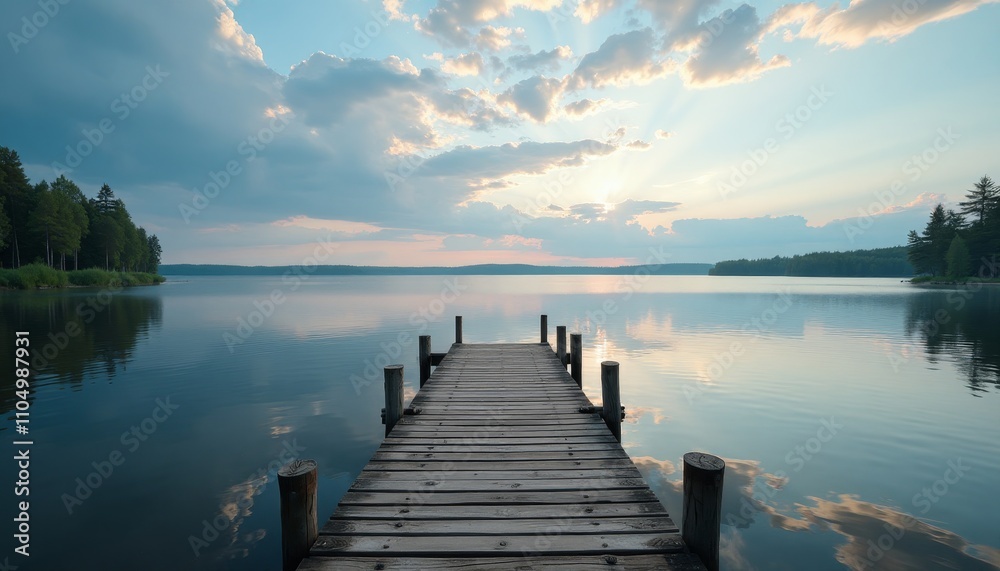 Fototapeta premium Wooden pier on calm lake at sunset