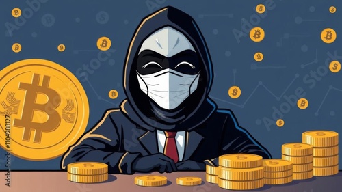 Hacker in anonymous mask with cryptocurrency background cartoon, security, bitcoin photo