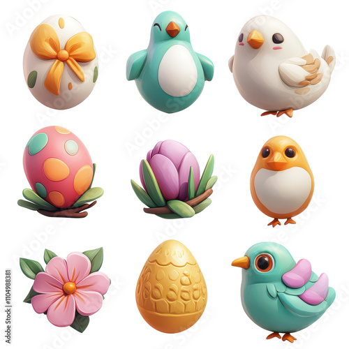 Colorful Easter icons featuring eggs and birds for spring celebrations on a transparent background, 3d Easter icons isolated on transparent background