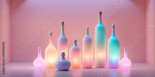 Elegant Dreamy wine bottle at Sunset With Soft Pink Lighting vibrant pastel soft futuristic look neon light glowing