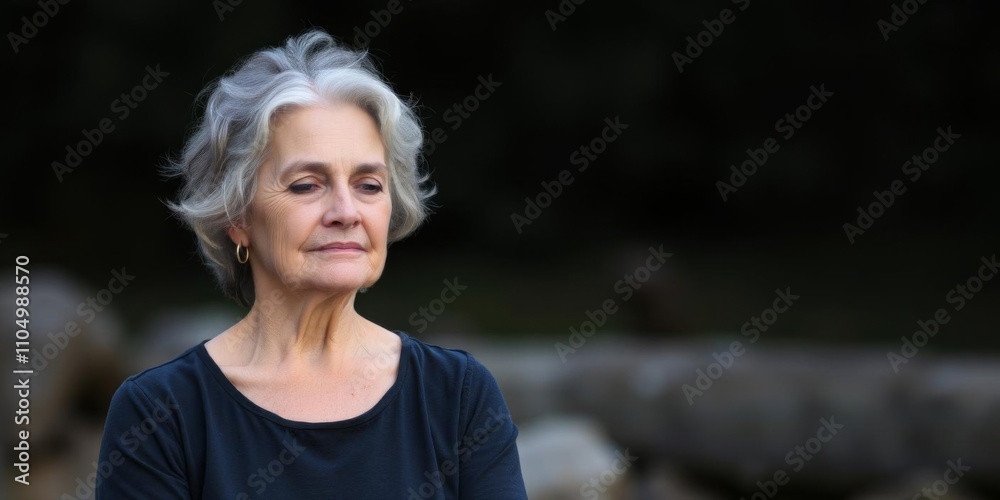 Happy mature woman with grey hair sitting in lotus pose on yoga mat with hands in prayer position, serenity, tranquility Happy mature woman with grey hair sitting in lotus pose on yoga mat with hands in prayer position, serenity, tranquility