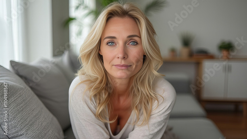 A serene blonde woman with soft waves gazes thoughtfully, seated in a cozy, well-lit living room with neutral tones and plants. 