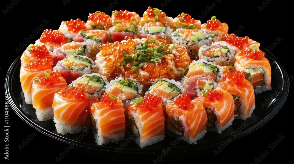 A beautifully arranged platter of sushi with various toppings. A beautifully arranged platter of sushi with various toppings.