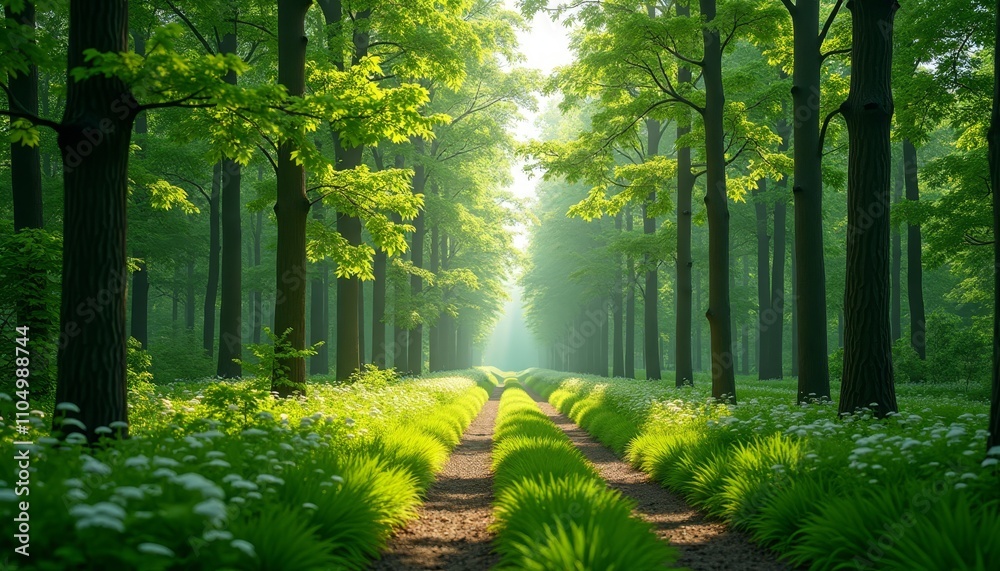 Fototapeta premium A serene woodland path with vibrant green foliage on either side