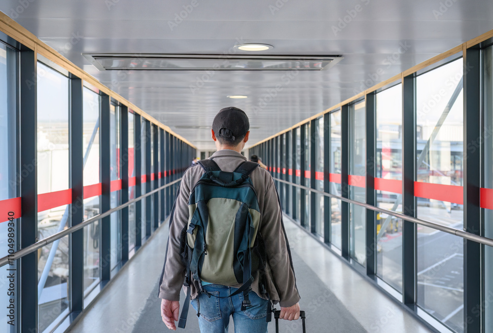 Man walking in the airport passenger boarding bridge. Unrecognizable passengers in the background.