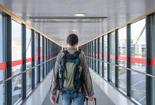 Obraz na płótnie Man walking in the airport passenger boarding bridge. Unrecognizable passengers in the background. w salonie