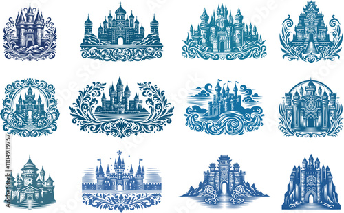 Decorative vector illustrations of majestic castles with ornamental floral patterns in an engraved style