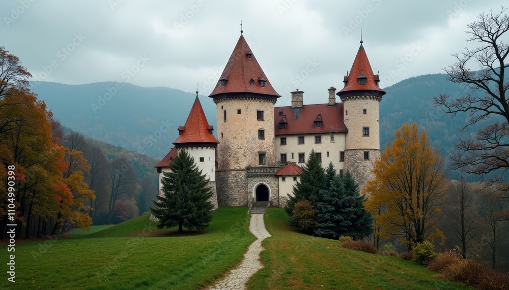 A majestic castle on a hill with mountains in the background during autumn A majestic castle on a hill with mountains in the background during autumn