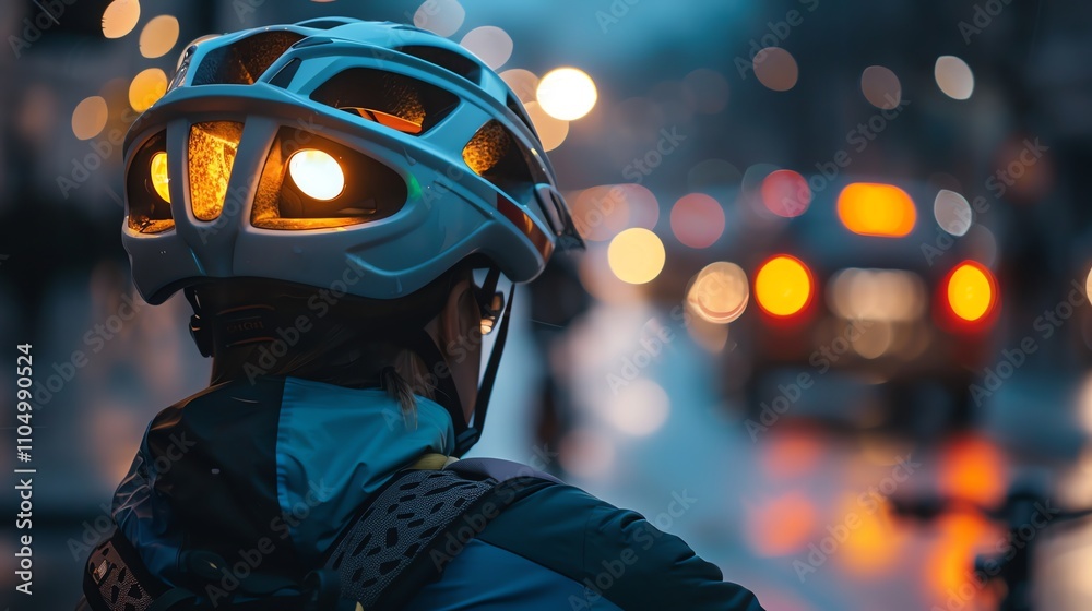 A cyclist wearing a helmet with a light in the city at dusk. A cyclist wearing a helmet with a light in the city at dusk.