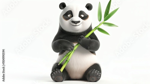 A cartoon panda bear is holding a stalk of bamboo. photo