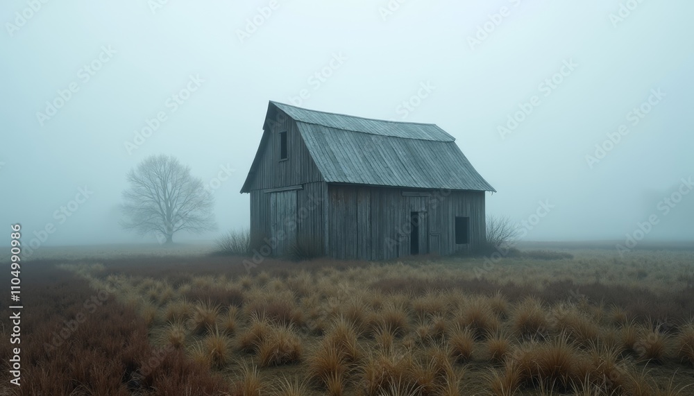 Old barn standing in foggy field with dry grass Old barn standing in foggy field with dry grass
