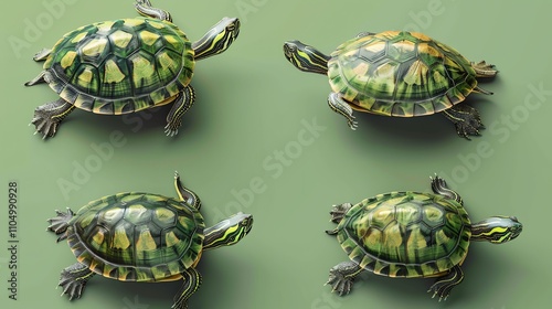 Four turtles in various poses against a green background. photo