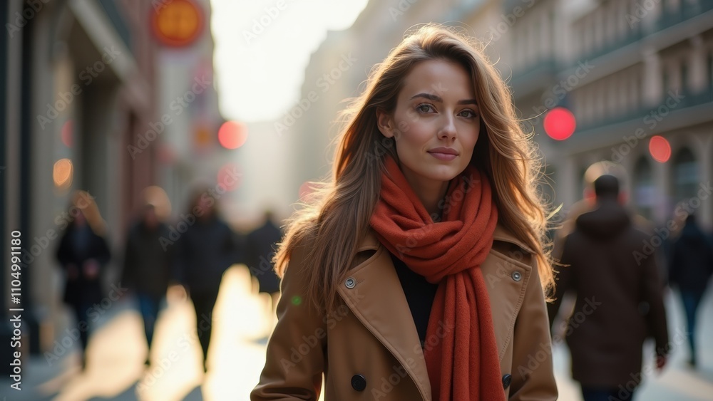 A confident young woman strolls along a busy city street wearing a stylish brown coat and a vibrant red scarf as the sun sets, creating a warm atmosphere A confident young woman strolls along a busy city street wearing a stylish brown coat and a vibrant red scarf as the sun sets, creating a warm atmosphere