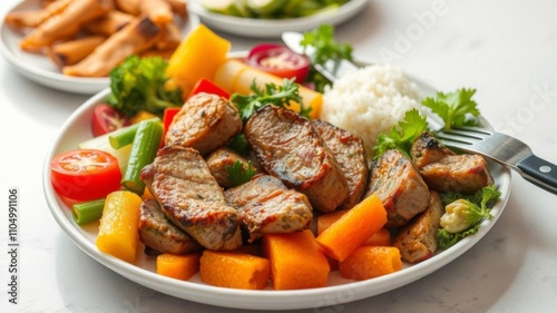 Plate of delicious food with a variety of meat and vegetables, perfect for a balanced meal, food, colorful