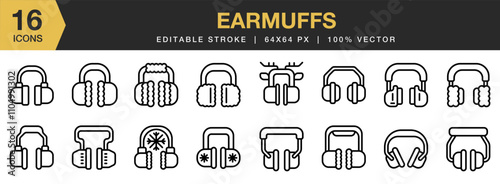 Earmuffs icon set. Editable Stroke Icon Collection. Includes Christmas, Cold, Ear, Earmuffs, Muffs, Winter, Xmas, and More. Outline icons vector collection.