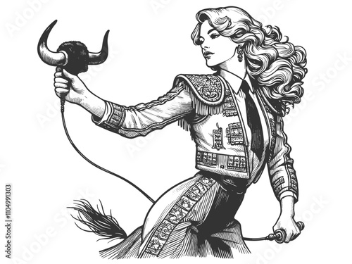 female matador in a detailed traje de luces, holding a bull mask and whip, embodying elegance and strength sketch engraving generative ai vector illustration. Scratch board. Black and white image.