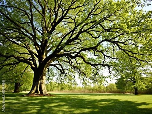 A beech tree's canopy above a grassy clearing, forest clearing, natural archway