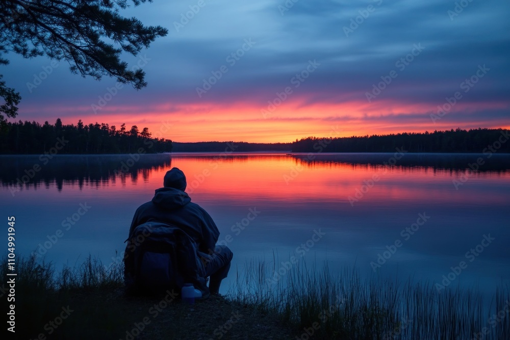 A lone figure sits on the shore of a lake, watching the sunrise over the water. The sky is ablaze with vibrant orange and pink hues, reflecting on the calm surface. A lone figure sits on the shore of a lake, watching the sunrise over the water. The sky is ablaze with vibrant orange and pink hues, reflecting on the calm surface.