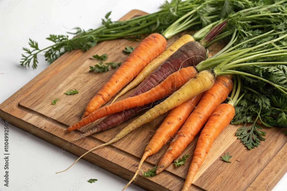 A cluster of fresh carrots with varying shades of orange on a wooden cutting board, vegetables, crunchy goodness, snack time