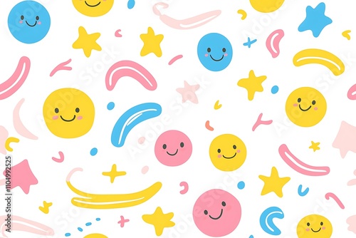 Playful pattern of multicolored smiley faces, perfect for cheerful creative projects.