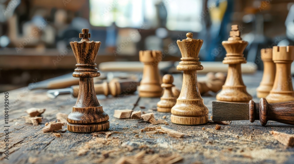 Wooden chess pieces being handcarved on a rustic workbench, with tools scattered in creative disarray Wooden chess pieces being handcarved on a rustic workbench, with tools scattered in creative disarray