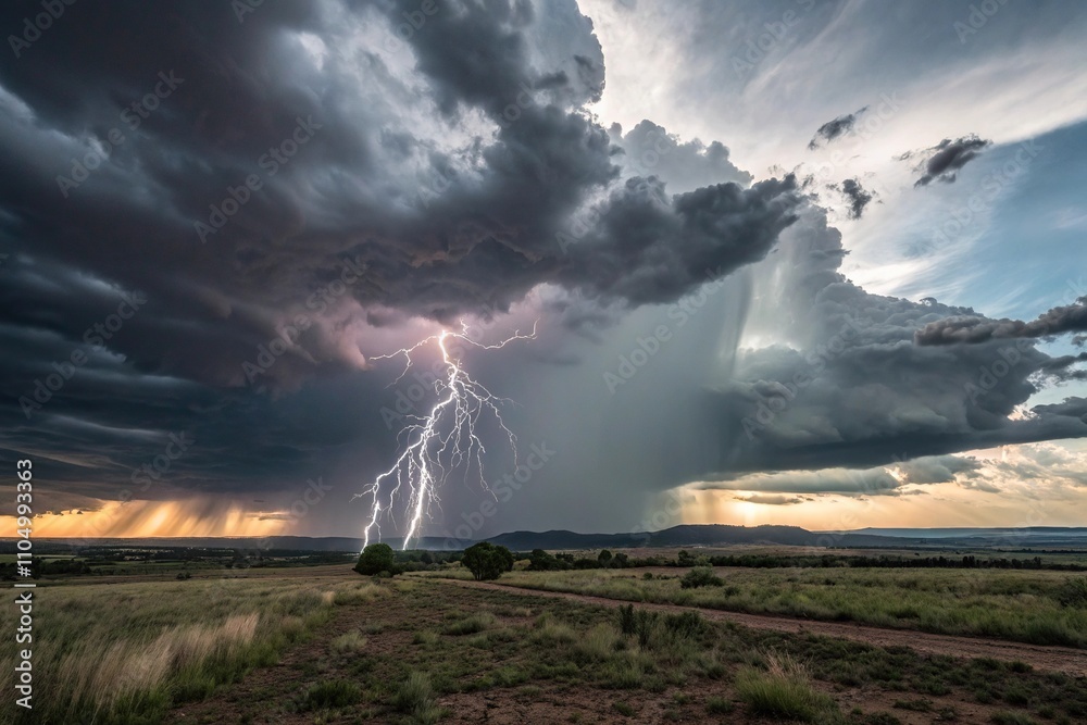 Obraz premium A dramatic stormy sky with lightning illuminating the clouds creating an otherworldly atmosphere, dark sky, lightning storm