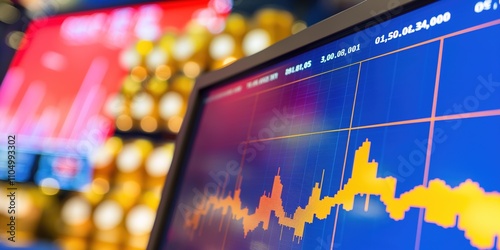 Close-up of a digital screen showing a fluctuating oil price graph with a blurred background of oil barrels and financial charts. Energy crisis, crude oil price trends, global oil markets photo