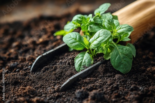 Healthy soil and crops with eco-friendly farming tools, showcasing regenerative agriculture. photo