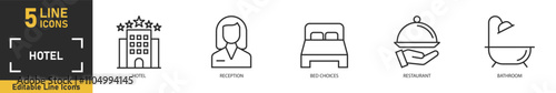 Hotel line icon set. Set of 5 outline icons related to hotel, reception, bed choices, restaurant, bathroom and more. Vector illustration.