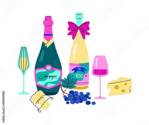 Vector icon of a picnic set with bottles of champagne and wine, glasses, cheese and grapes