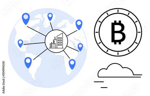 World map with location markers connected to an industrial building, large Bitcoin symbol, and cloud icon. Ideal for cryptocurrency, global trade, blockchain, fintech, digital economy, decentralized