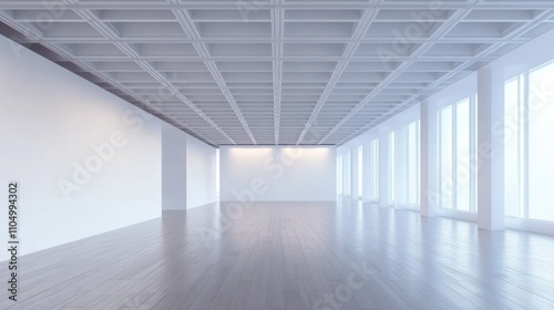 Modern office interior with empty white wall mockup, wooden floor and ceiling. Concept of workspace. 3D Rendering, Generative AI