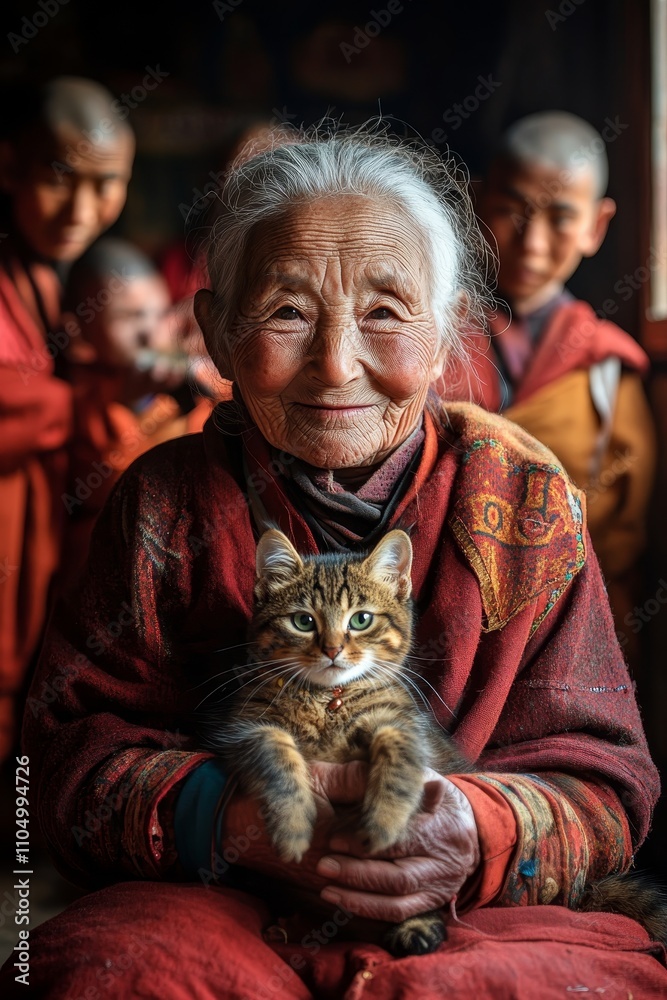 Elderly woman smiling with a cat in her arms, surrounded by young monks in traditional attire, radiating warmth and serenity. Elderly woman smiling with a cat in her arms, surrounded by young monks in traditional attire, radiating warmth and serenity.
