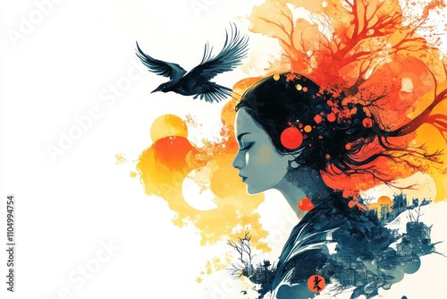 A woman with long black hair and a tear running down her cheek, stands amidst an abstract watercolor painting. A crow flies overhead. photo