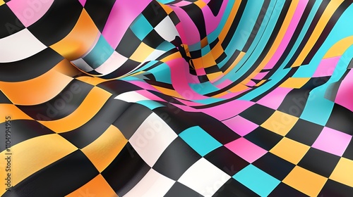 Abstract, colorful, and geometric shapes in a wavy pattern.
