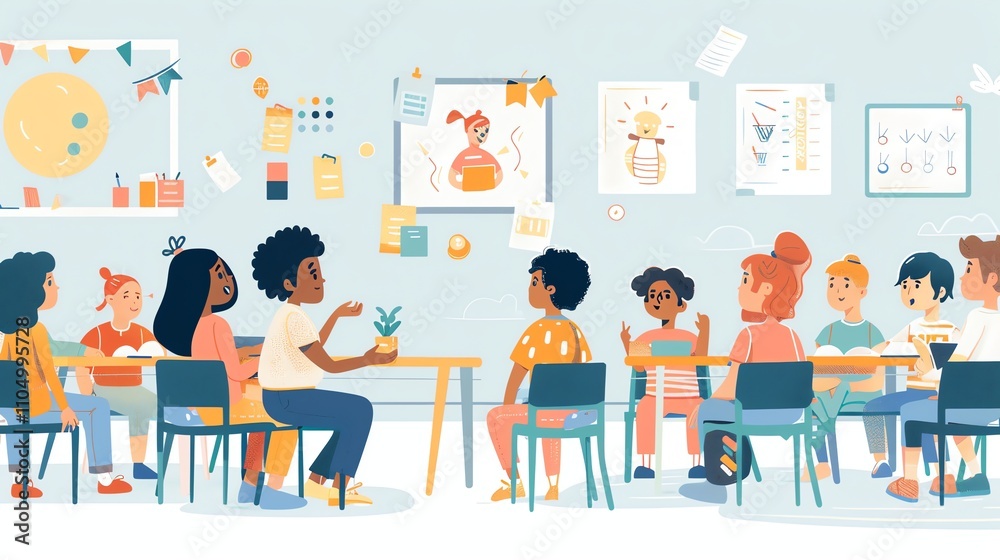 A group of diverse children sit around a table in a classroom, listening to a classmate. A group of diverse children sit around a table in a classroom, listening to a classmate.