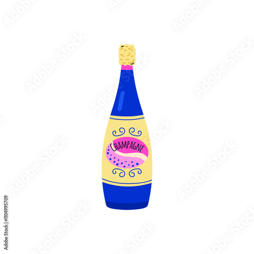 Vector illustration of a champagne bottle with a cork and a label on a white background