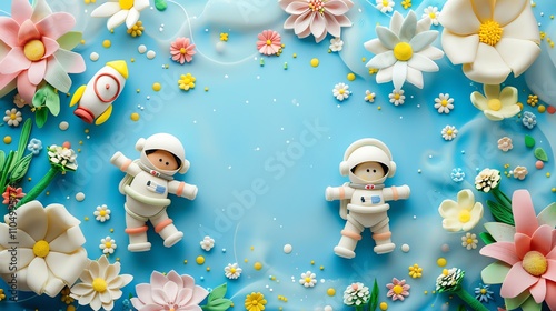 Two astronauts made of playdough floating in a space themed scene with flowers and clouds on a blue background. photo