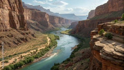 A meandering spring-fed river in a deep canyon, natural springs, canyon rivers, water features, winding streams