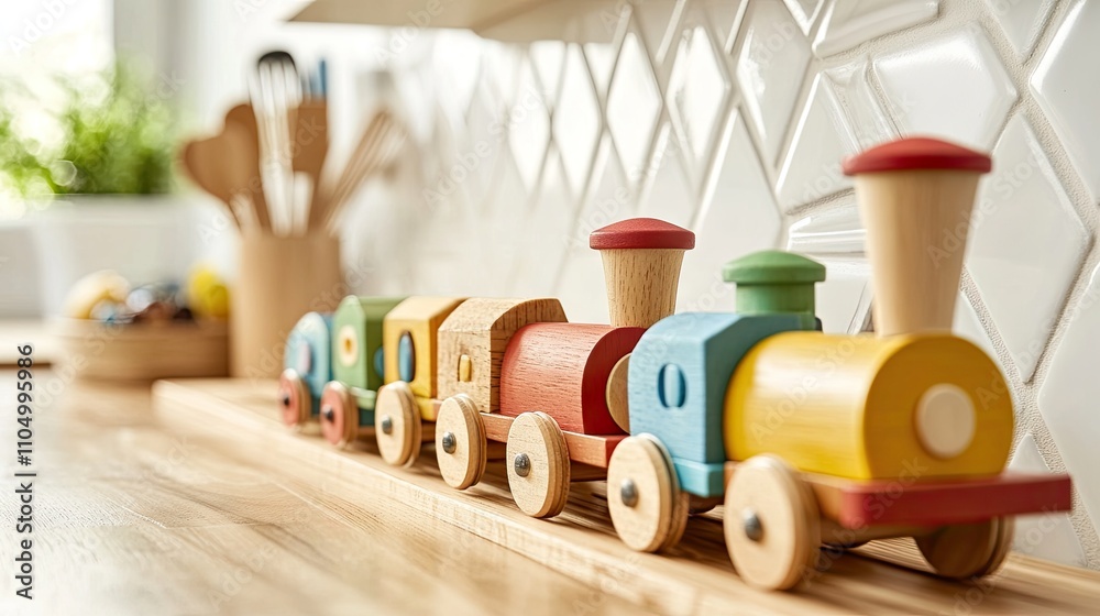 Colorful Wooden Toy Train on Kitchen Counter with Bright Background Colorful Wooden Toy Train on Kitchen Counter with Bright Background