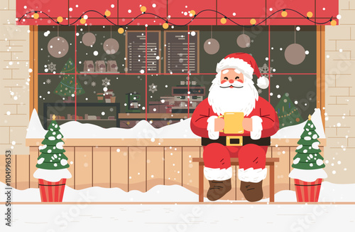 Santa Claus enjoying coffee outside a festive cafe snowy scene Christmas decorations holiday spirit cozy atmosphere winter setting