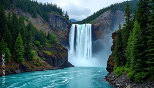 Waterfall cascading into a serene lake surrounded by lush forest and rugged mountains