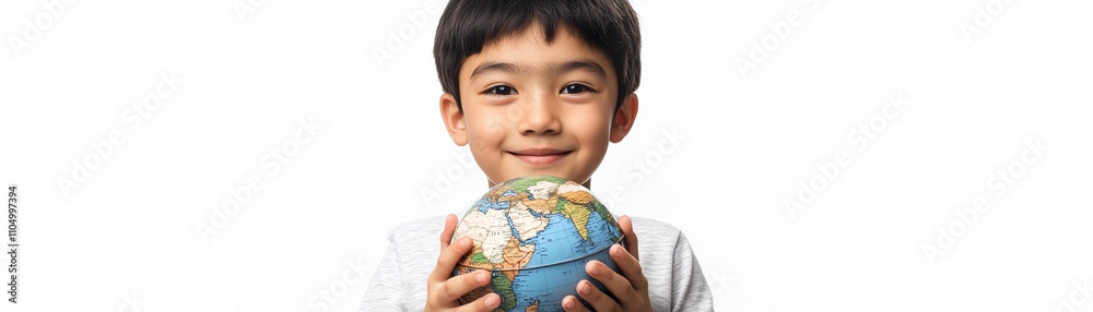 Asian boy holding a globe, facing forward with a white background, symbolizing the connection between youth and the world Asian boy holding a globe, facing forward with a white background, symbolizing the connection between youth and the world