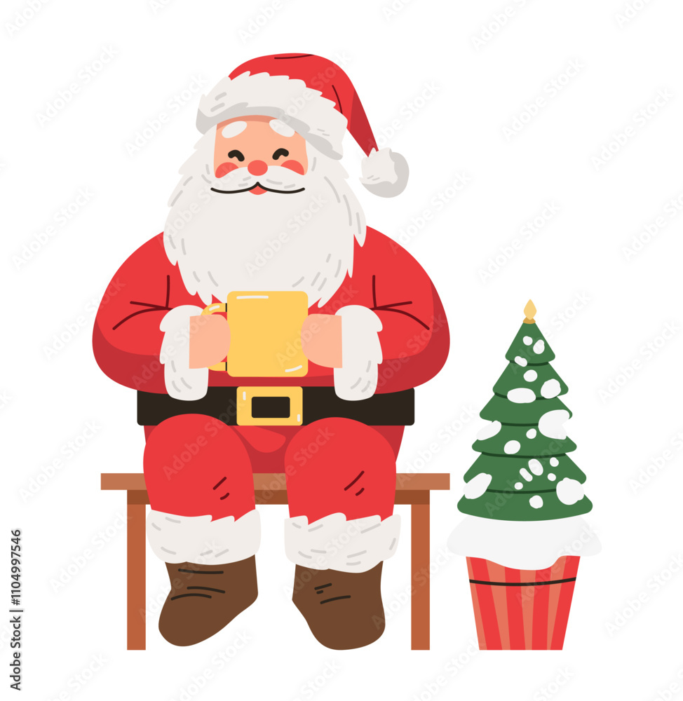 Santa Claus drinking hot cocoa festive scene. Santa in red suit holding mug sitting on bench next to small snow-covered Christmas tree. Holiday design Santa Claus drinking hot cocoa festive scene. Santa in red suit holding mug sitting on bench next to small snow-covered Christmas tree. Holiday design