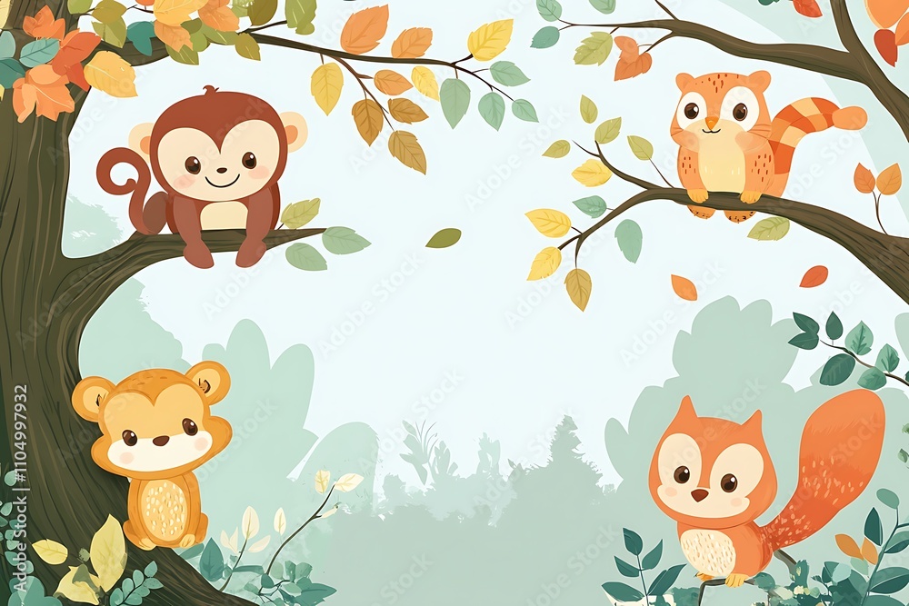 Naklejka premium Adorable forest animals hanging from tree branches in a vibrant flat vector style for playful designs.