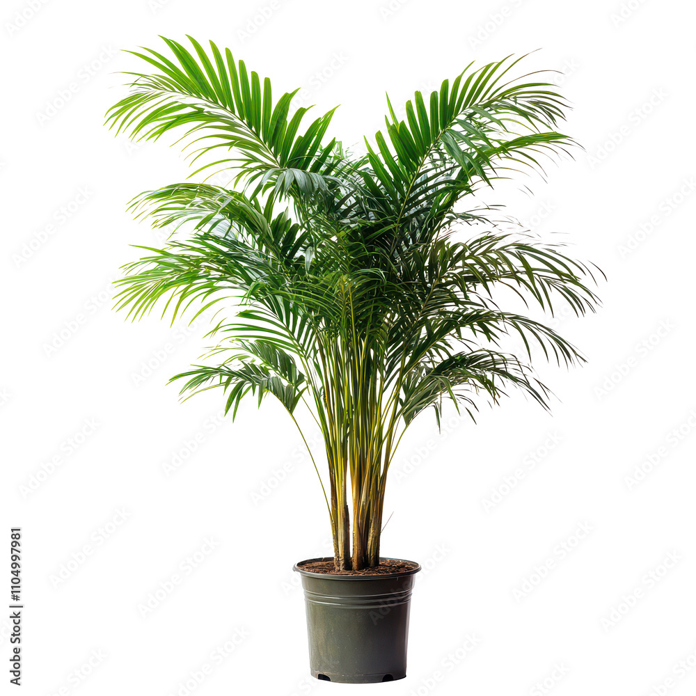 Lush areca palm tree in a black pot isolated on a transparent background, showcasing vibrant green foliage, Areca nutisolated on transparent background Lush areca palm tree in a black pot isolated on a transparent background, showcasing vibrant green foliage, Areca nutisolated on transparent background