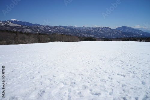 雪原と雪化粧の山脈と富士山と