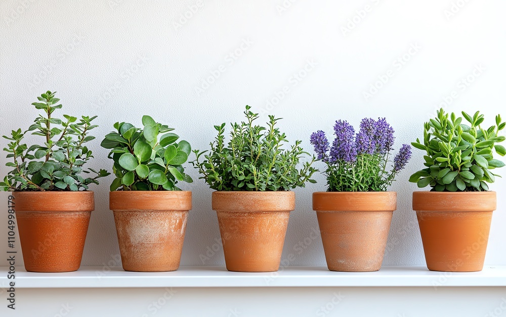 A series of small plants growing in terracotta pots on a white tabletop, symbolizing growth, nature, and tranquility A series of small plants growing in terracotta pots on a white tabletop, symbolizing growth, nature, and tranquility
