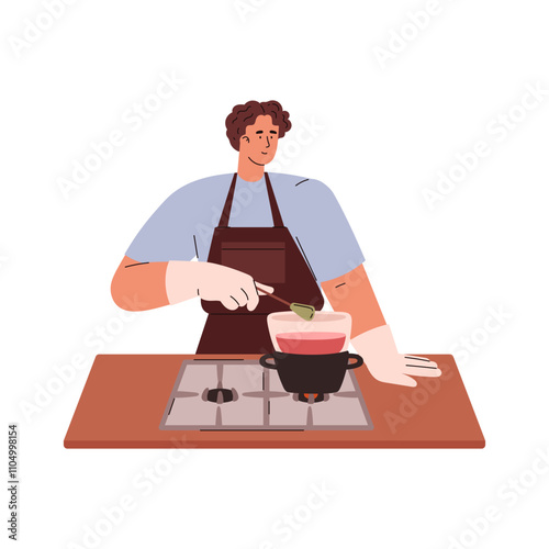 Vector image soap making: a guy in gloves stirs a soap base on a stove